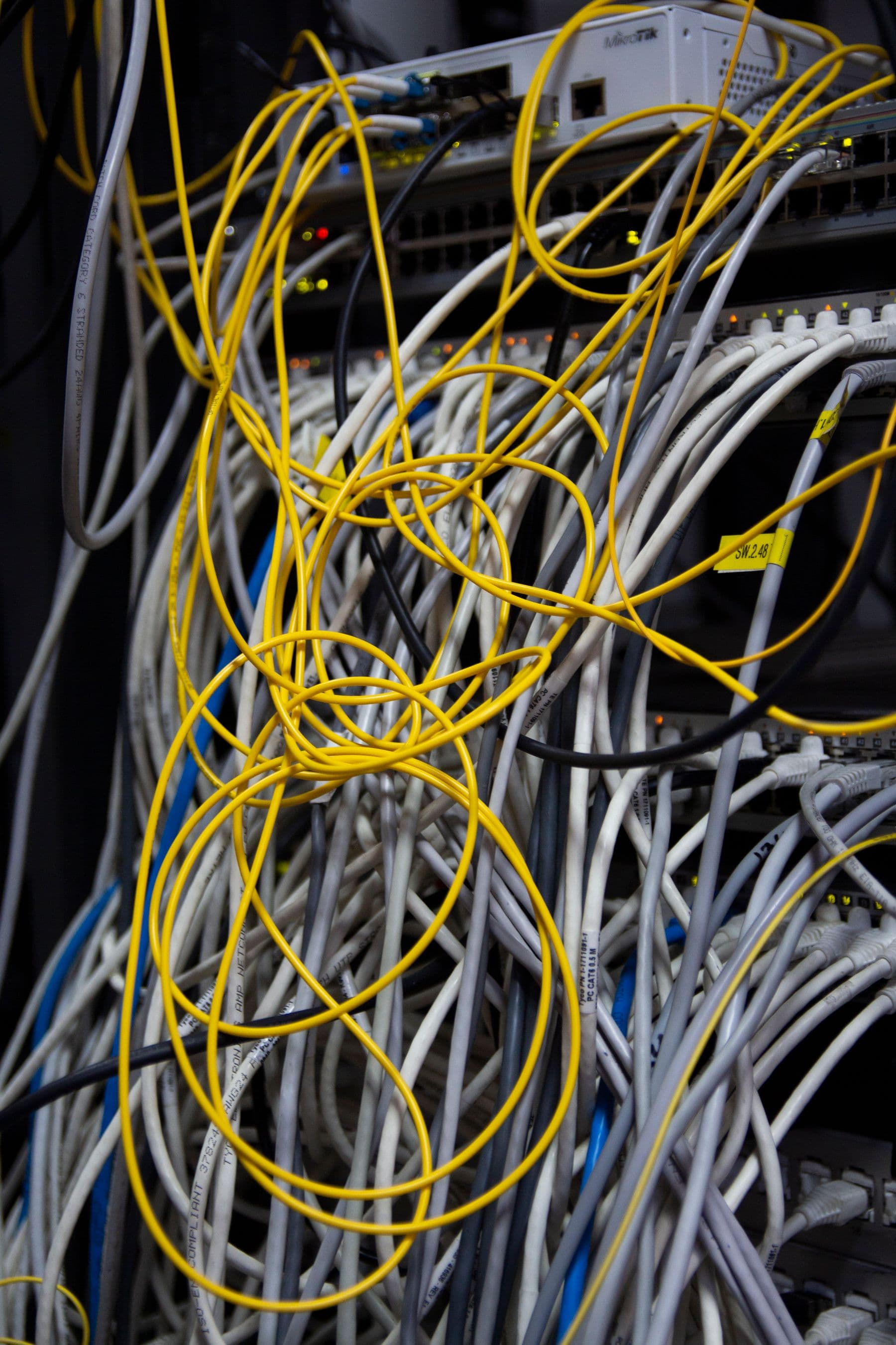 Unorganized network cabling requiring tracing and remediation